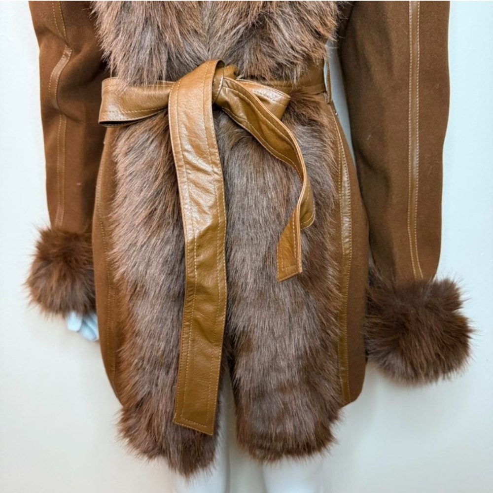 Brown faux fur belted hooded pea coat with faux leather trims - Picture 4 of 10